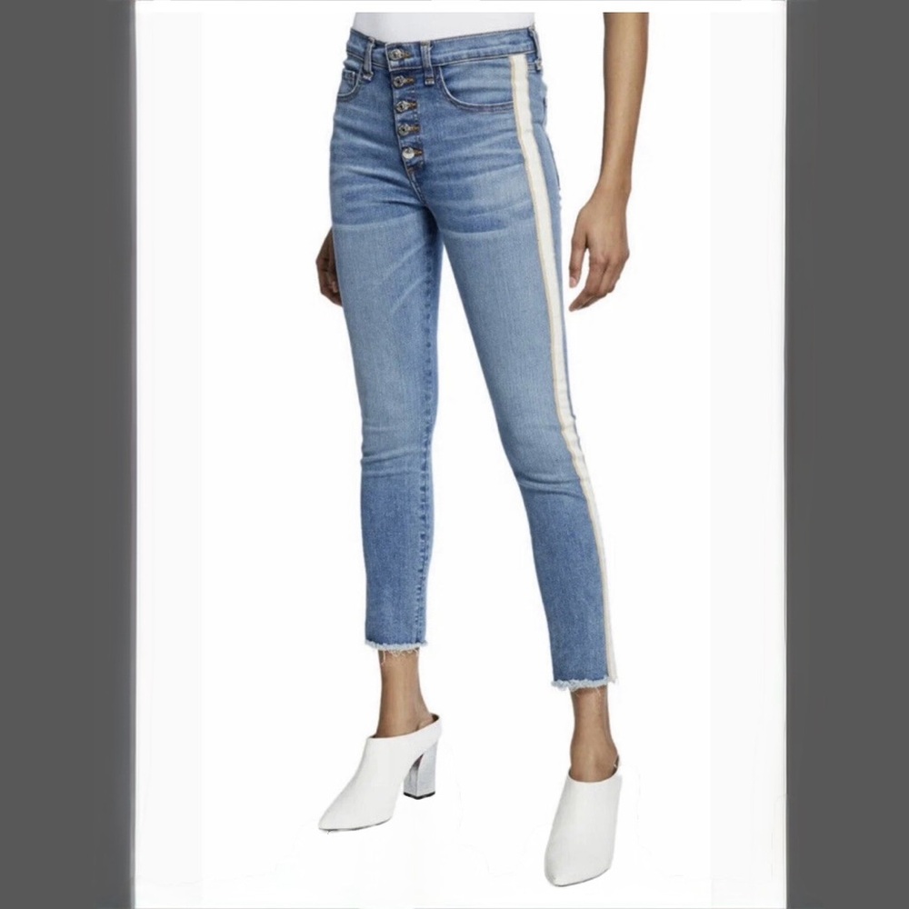 Veronica Beard Debbie Tuxedo Stripe cropped skinny jeans light wash button 25